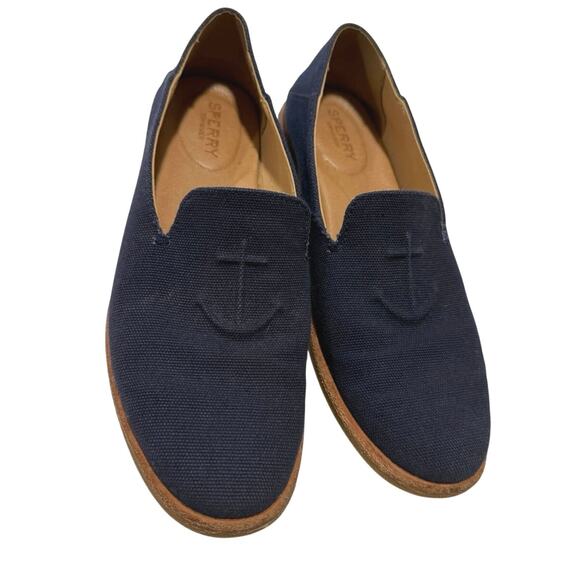 Sperry Sz 7.5 Women’s Monochrome Blue Anchor Nautical Comfort Loafers EUC - Picture 1 of 6